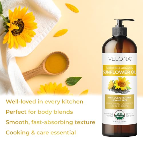 velona USDA Certified Organic Sunflower Oil - 1 Gallon / 128 Fl Oz | 100% Pure and Natural Carrier Oil | High Oleic, Refined| Cooking, Skin, Hair, Body & Face Moisturizing