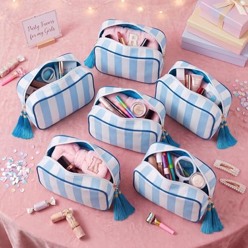 Kacctyen 6-Pack Blue Striped Makeup Bags with Tassel - Travel Toiletry Organizer