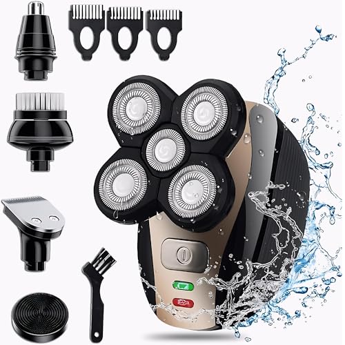 Electric Head & Body Hair Shaver - Men's Cordless Rechargeable Wet/Dry Skull Bald Head Back & Groin Waterproof Razor with Rotary Blades, Clippers, Nose Trimmer, Brush, Massager