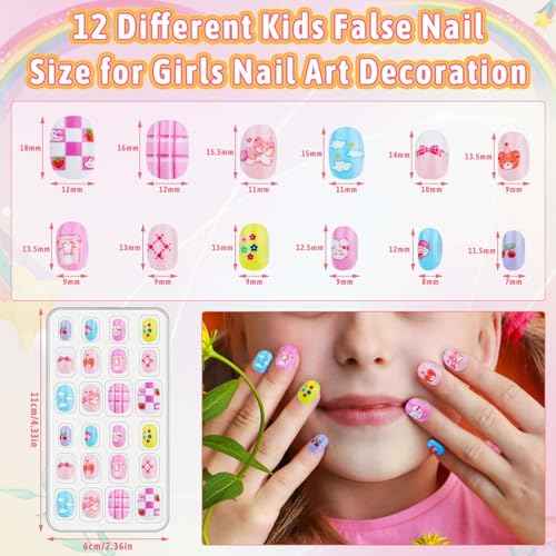 144 Pcs Kids Fake Nails Set, Thrilez 6 Pack Press on Nail Pre-glue Artificial False Acrylic Nails Set for Little Girl Children Toddlers