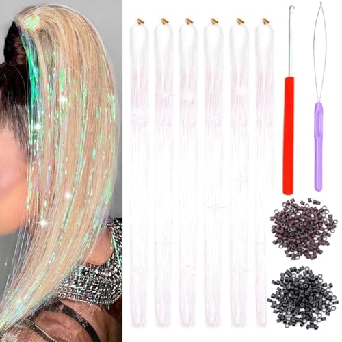 HENSLEELY Fairy Hair Tinsel Kit with Tools 48 Inch White - 6 Pcs, 1200 Strands