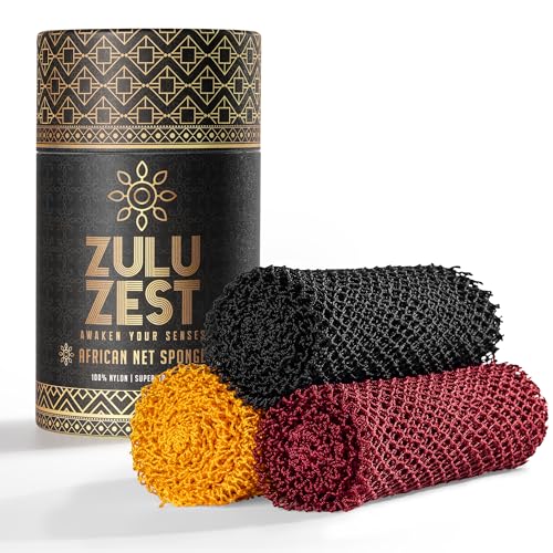 Authentic African Net Sponge ? 3-Pack Exfoliating Mesh for Face & Body, Deep Clean, Quick Dry, Long-Lasting Bath Scrubber for All Skin Types, Travel-Friendly & Durable (Black, Yellow, Red)