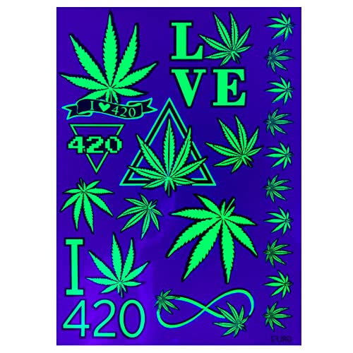 Temporary Blacklight tattoos- Neon Green Weed 420 leaf Design Body UV Blacklight Reactive Rave Festival Music EDC EDM Party Tattoo