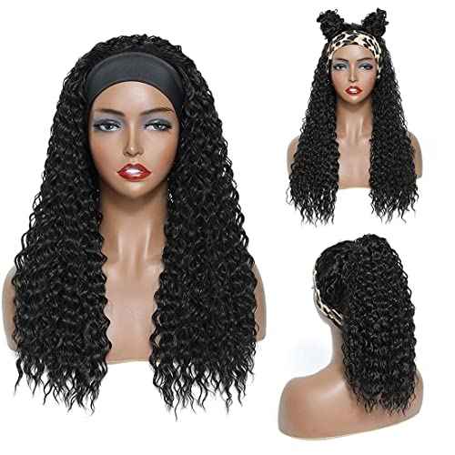 Deep Wave Headband Wig Human Hair 26 Inch Curly Headband Wigs for Black Women Human Hair Glueless None Lace Front Wigs Brazilian Virgin Hair Wig Machine Made 150% Density Natural Black Color