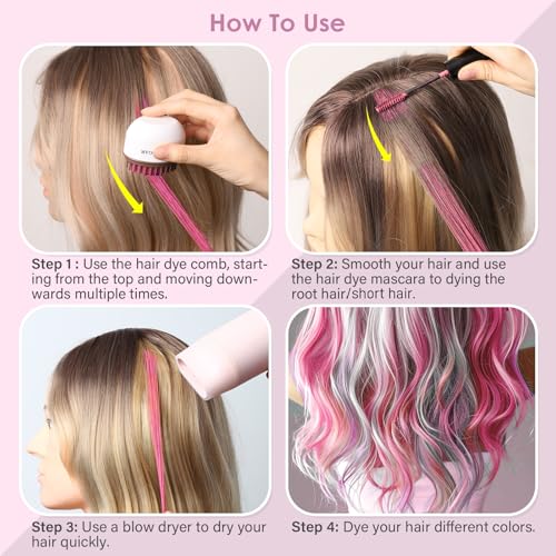 Hot Pink Temporary Hair Chalk & Washable Mascara Dye Set for Girls Kids - Vibrant Hair Color Comb
