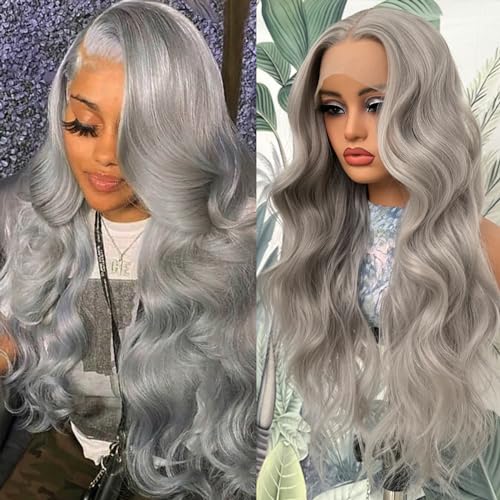 Lovestory 13X4 Silver Gray Long Wavy Synthetic Lace Front Wig For Women Free Part Loose Curly Grey Lace Front Wigs Glueless Heat Resistant