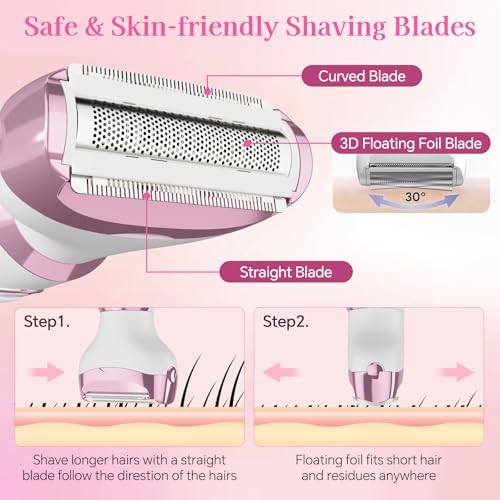 Women's Electric Shaver 4-in-1 - Waterproof Painless Hair Remover for Bikini, Face & Body, Cordless Wet/Dry Trimmer with Nose & Eyebrow Heads, Fast USB-C Charging, Gift for Women