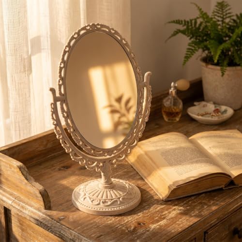 Vintage Beige Tabletop Makeup Mirror with 360° Swivel