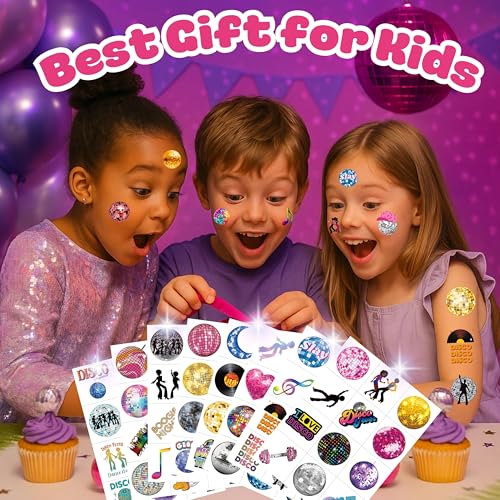 96PCS 70s Disco Ball Pre Cut Temporary Tattoos Themed Birthday Party Decorations Supplies Decor Favors Boogie Dance Groovy 1970s Retro Tattoo Stickers Gifts for Game Boys Girls Class School Prizes