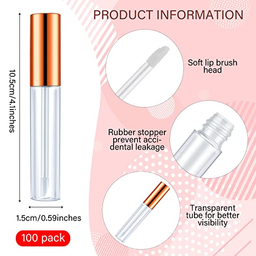 Nuanchu 100 Pcs 10 ml Lip Gloss Tubes Bulk Empty Plastic Lip Gloss Containers Clear Tubes Refillable Balm with Wand and Rubber Inserts Containers Bottles for DIY Makeup Travel (Rose Gold)