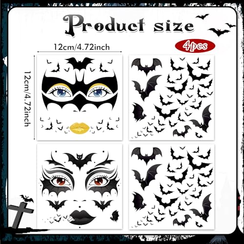 Halloween Bat Face Tattoos - 4 Sheets Temporary Tattoo Stickers