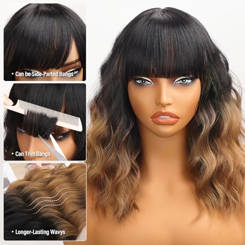 Ombre Brown Wavy Bob Wig with Bangs - 16 Inch