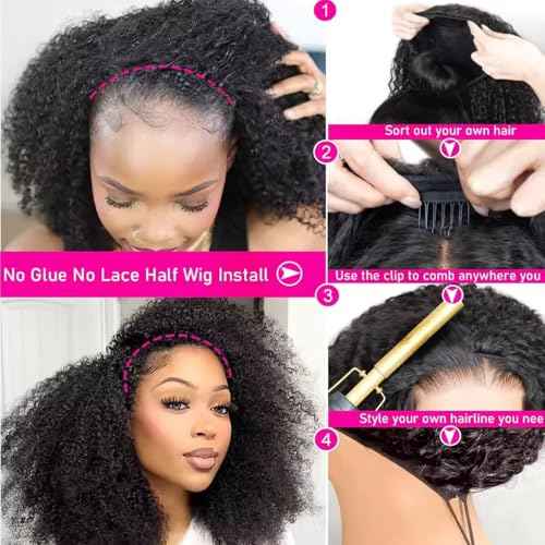 Half Wig Human Hair 200% Density 3 In 1 Seamless Flip Over headband wig human hair Glueless Wear and Go Beginner Friendly Kinky curly human hair wig Drawstring Headband Wig for Women 26inch