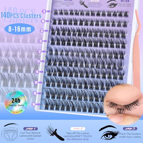 Self-Adhesive Lash Clusters Kit, 140pc Wispy Extensions 8-16mm