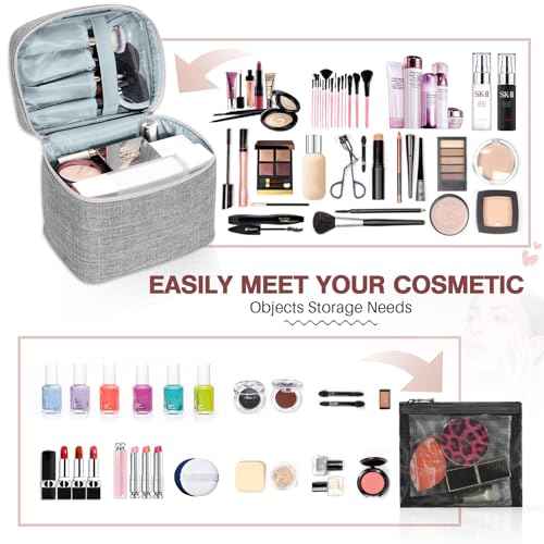 Large Makeup Bag Travel Makeup Cosmetic Bag Case Organizer Makeup Pouch with Mesh Bag Makeup Brush Holder Bag Toiletry Bags for Women - Grey