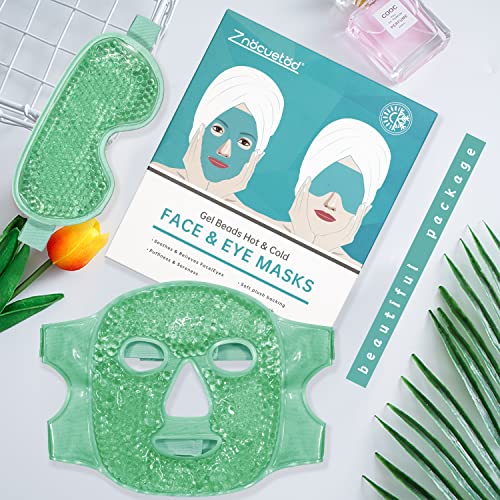 Cooling Ice Face Eye Mask for Reducing Puffiness, Bags Under Eyes,Sinus,Redness,Pain Relief,Dark Circles, Migraine,Hot/Cold Pack with Soft Plush Backing(Green(1* Eye Mask+1*Face Mask))