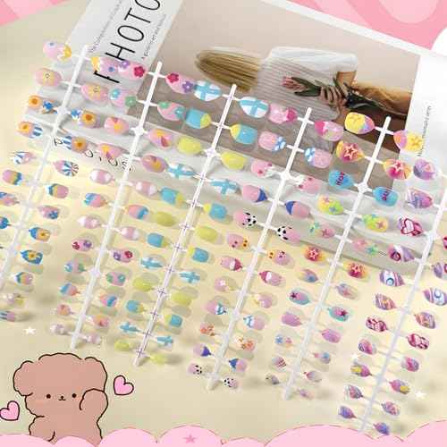 6 Packs Press-On Fake Nails for Kids - Gorvalin 144pcs Full Cover Glue On Nails for Kids French Flower Patterns for Girls Ages 7-12 Nail Art - Includes Nail Adhesive Tabs & Builder Glue