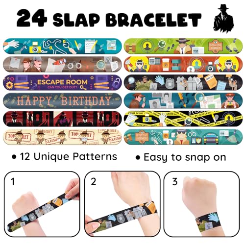 96 PCS Detective Party Favors Set ? 72 Pre-Cut Temporary Tattoos & 24 Slap Bracelets for Kids and Adults, Mystery Birthday Decorations, Escape Room Prizes & Spy-Themed Classroom Rewards