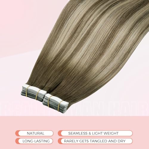 invisible tape in hair extensions human hair 16Inch Dark Brown Fading To Brown and Blonde 20pcs 50g Thick Ends