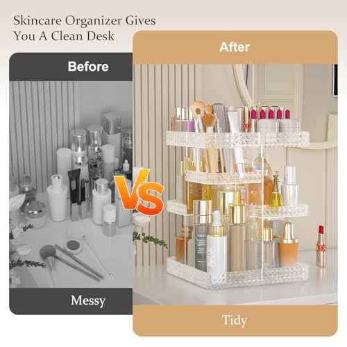 Rotating Makeup Organizer with Makeup Brush Holder, Large Capacity Perfume Organizer for Vanity Countertop, Acrylic Skincare Organizers Spinning Holder Storage Rack (Clear)
