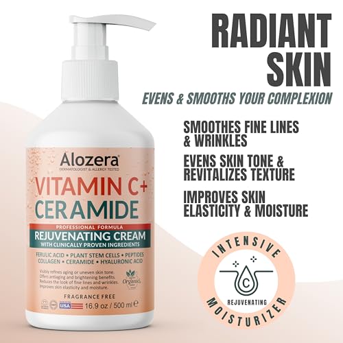 Alozera Vitamin C Ceramide Moisturizer Cream, Rejuvenating Face & Body Lotion with Plant Stem Cell, Helps Brighten and Even Skin Tone, Non-Greasy, Lightweight, Fragrance-Free, 16.9 oz