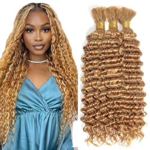 #27 Honey Blonde Human Hair Extensions - Deep Wave Braids, 3 Bundles