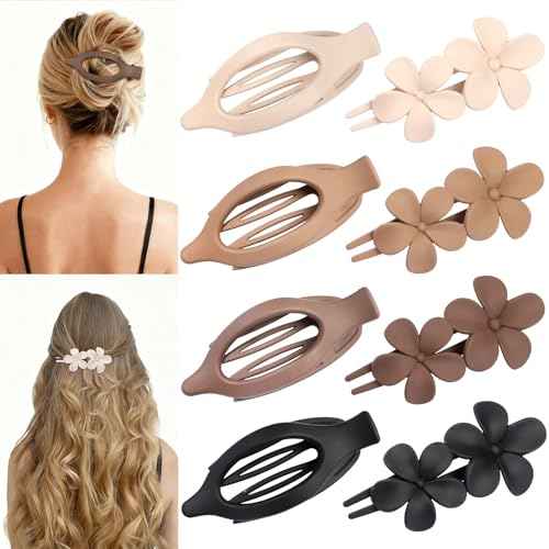8 Pcs Flat Hair Clips for Women, Flower Flat Hair Clips 2 Styles Matte Hair Accessories Non-slip Hair Claw Clips for Thin and Thick Hair (Brown)