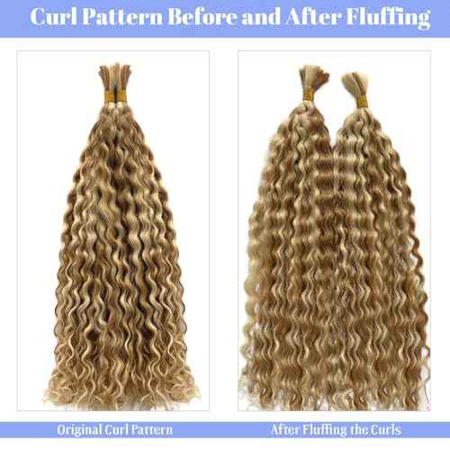 Highlight Human Braiding Hair for Boho Braids, 27/613 Curly Boho Human Hair for Braiding Highlights Blonde Deep Water Wave Bulk Human Hair Color 27 and 613 Bohemian Knotless Braids Two Bundles