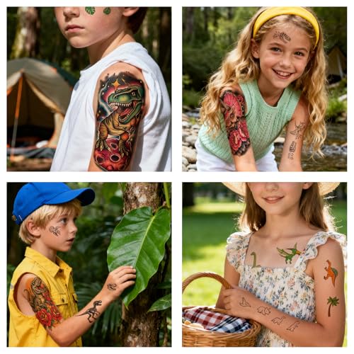Dinosaur Tattoos for Kids,77 Sheets Dinosaur Tattoo Stickers,Temporary Tattoos for Kids Realistic Waterproof,Fun Body Art Party Supplies