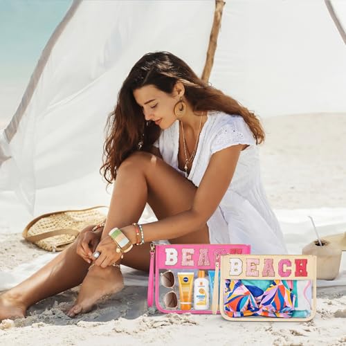 Kacctyen 6 Pcs Beach Bags Chenille Letter Clear Makeup Bag with Zipper Waterproof Cosmetic Toiletry Pouch with Handle Gym Travel Summer Gifts for Women Girls (Pink Mix,Beach)
