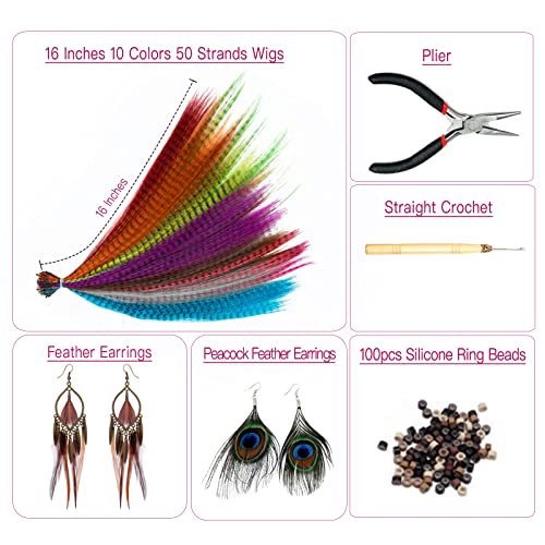 Hair Feathers Extensions Kit 50 Strands 16 Inches Colored Synthetic Polyester Fiber Wig Straight & Rooster & Peacock Feather Earrings with Simple Tools for Women Girls Christmas Party Hair Accessories