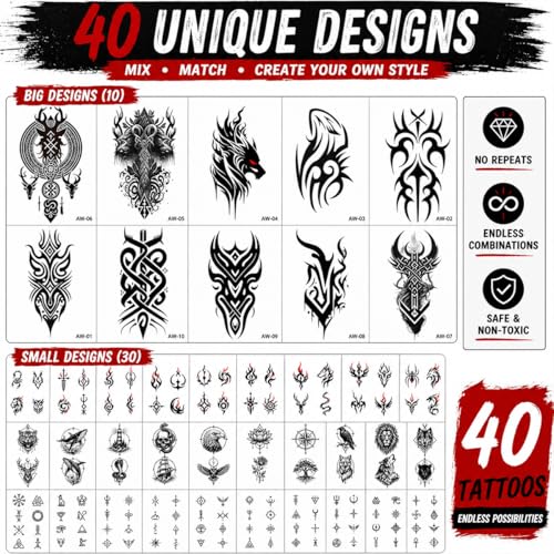 AWLEE Tribal Viking Temporary Tattoos 40 Sheets Waterproof
