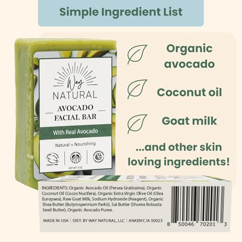 Way Natural Real Avocado Facial Bar - Unscented Goat Milk Soap Bar - Face/Hands/Body Bar Soap - Nourishing, Gently Exfoliating Face Soap Bar - Organic Goat Soap, 1 Bar (3oz)