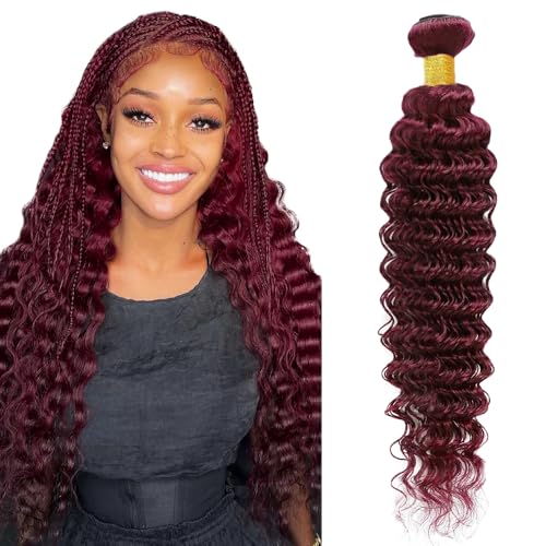GTaiiReu 99J Burgundy Deep Wave Human Hair Bundles 34 Inch - Unprocessed Brazilian Virgin Hair, Double Weft, 1 Bundle