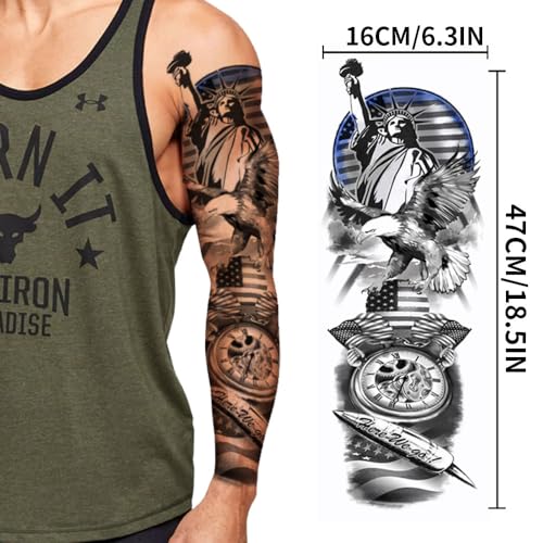4th of July Temporary Tattoos Full Arm American Flag Fake Tattoo