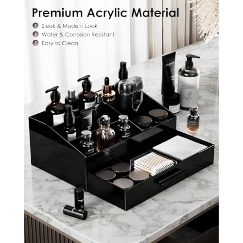 ProCase Cologne Organizer for Men with Drawer, Acrylic Perfume Holder & Bathroom Countertop Organizer for Men & Women, Dresser Vanity Storage for Cologne, Perfume and Skincare -1 Layer