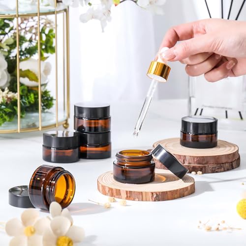Honeydak 48 Pack 0.7oz Glass Jars with Lids, Glass Cosmetic Jars, Reusable Empty Round Cosmetic Container for Creams and Ointments (Amber)
