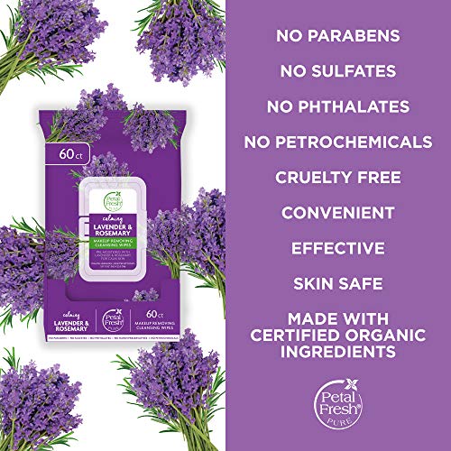 Petal Fresh Calming & Healing Lavender & Rosemary Makeup Removing, Cleansing Towelettes, Gentle Face Wipes, Daily Cleansing, Vegan and Cruelty Free, 60 count