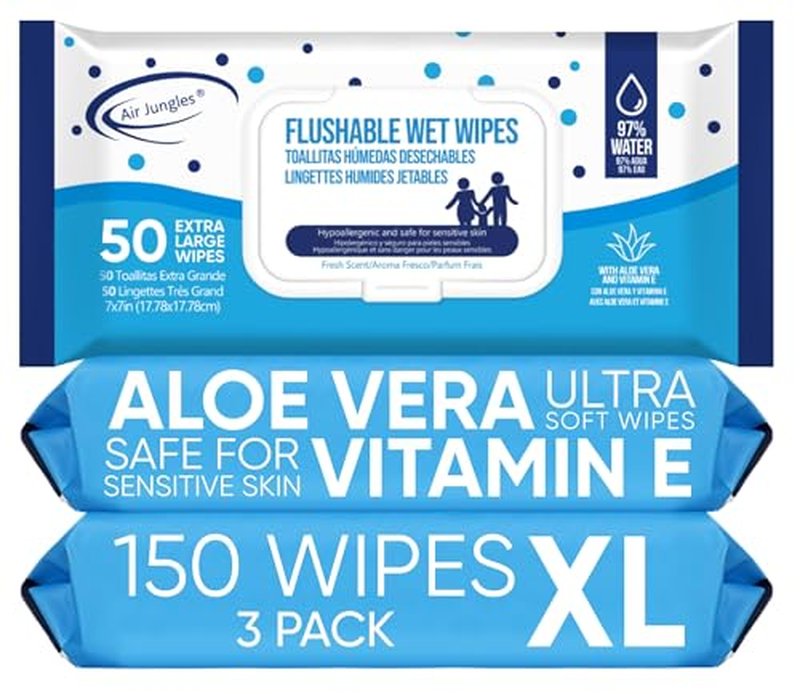 Air Jungles Flushable Wipes 150 Count 3-Pack XL 7x7