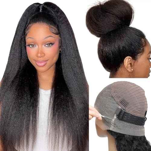 Kinky Straight Hidden Strap Invisi Drawstring 360 HD Full Lace Front Wigs Human Hair Pre Plucked Pre Cut Yaki 200 Density 360 Frontal Glueless Wigs Human Hair for Black Women 16 Inch