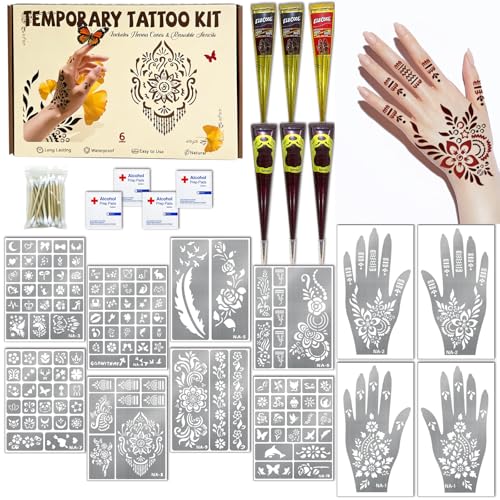 Henna Tattoo Kit: 136 Stencils, 6 Cones, Natural Formula