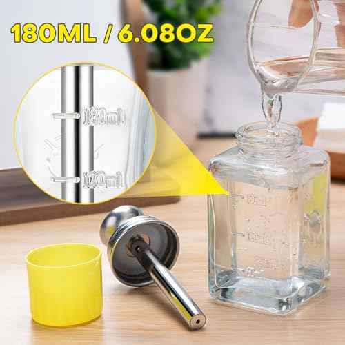 Noverlife 2PCS 6Oz / 180ml Clear Acetone Dispenser with Cap, Square Glass Nail Polish Remover Pump Alcohol Dispenser Alcohol Bottle, Refillable Push Down Pump Bottle for Makeup Remover