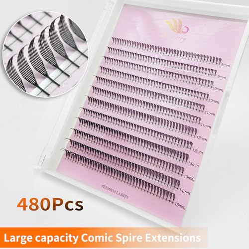 Premade Anime Chunk Lash Large capacity Comic Spire Extensions 480Pcs 0.07 C/D Curl, Plume Flake Lash Extensions, Lightweight, Salon Use Premade Spire Lashes (great spire-0.07-C-8-15mm Mix)