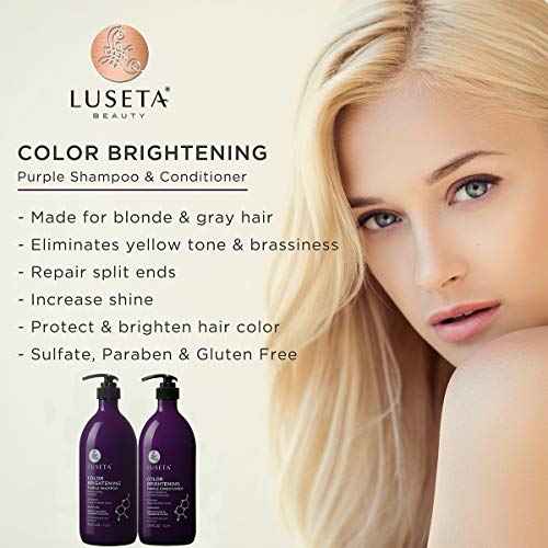 L LUSETA Color Brightening Purple Shampoo and Conditioner Set for Blonde and Gray Hair, Infused with Cocos Nucifera Oil to Help Nourish, Moisturize and Condition Hair, 2x33.8oz