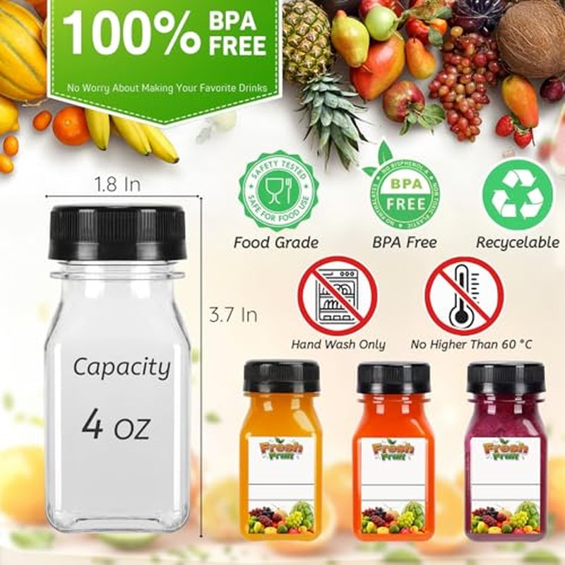 100 Pack 4oz Clear Plastic Juice Bottles with Caps & Labels