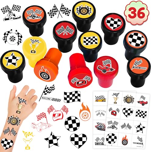 36PCS Checkered Flag Party Favors - 24PCS Temporary Tattoos & 12PCS Stamps - Ideal Black and White Race Flag Themed Birthday Card Decorations Supplies Goodie Bag Cute Rewards for Boys Girls Gifts