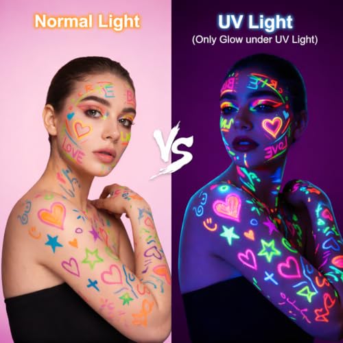 UV Glow Body Paint Markers - 16 Colors, Washable Neon Face Paint Pens