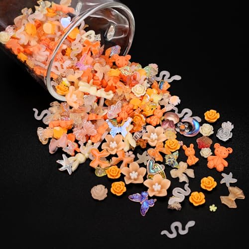 COOSLIM 110 Pieces 3D Bow Nail Charms for Acrylic Nails, Camellia Rose Flower Butterfly Bowknot Heart Bear Rabbit Star Bows Charms for Nail Art Designs DIY Accessories Craft(Orange)