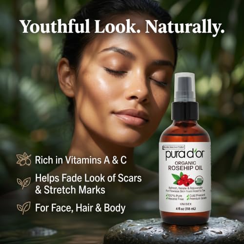 PURA D'OR Organic Rosehip Seed Oil - Pure Cold-Pressed Facial Oil (4oz)
