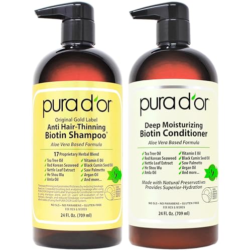 PURA D'OR Anti-Thinning Biotin Shampoo & Deep Moisturizing Conditioner Original Gold Label Set (24oz x2) Natural Earthy Scent, CLINICALLY TESTED Effective Results, Hair Thickening Product, Women & Men
